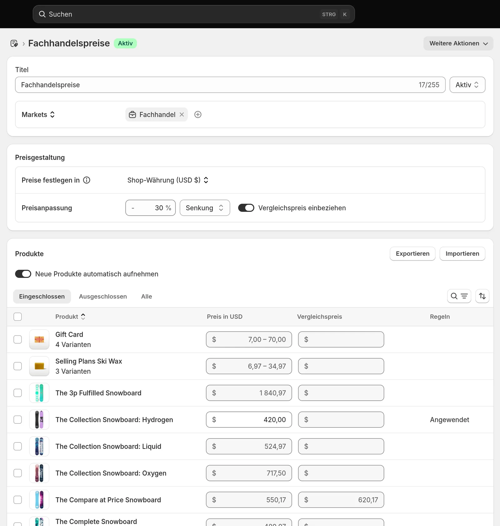 Fertiger B2B-Katalog im Shopify-Admin mit zugewiesenem Markt Fachhandel, 30 Prozent Senkung und der Produkttabelle mit Spalte Regeln