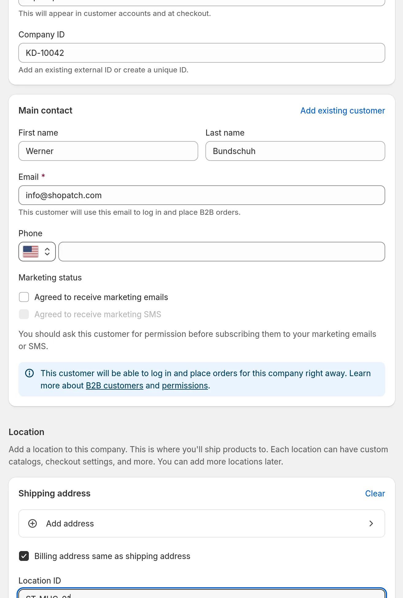 Shopify admin, new company form with company name, company ID and main contact filled in