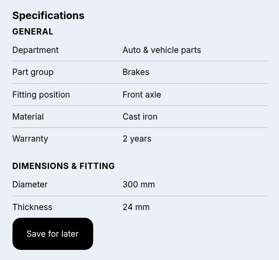 Specification table of a brake disc with the groups General and Dimensions & Fitting: material cast iron, diameter 300 mm, thickness 24 mm