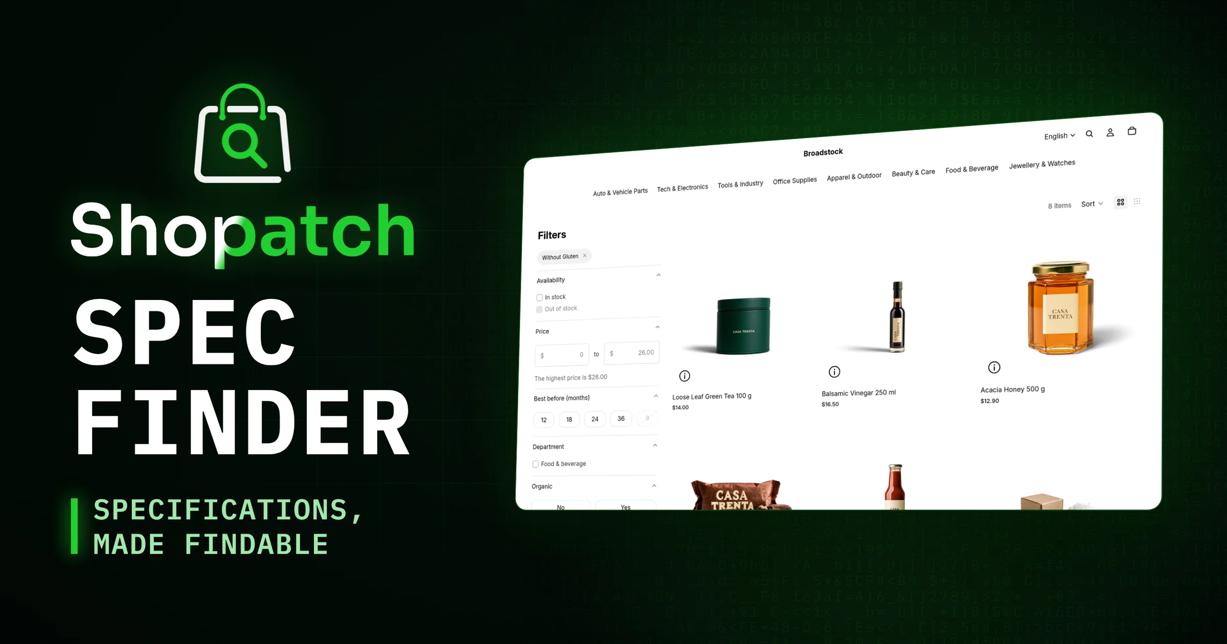Specfinder by Shopatch: collection page of a test store with the active filter “Without Gluten” in the filter bar